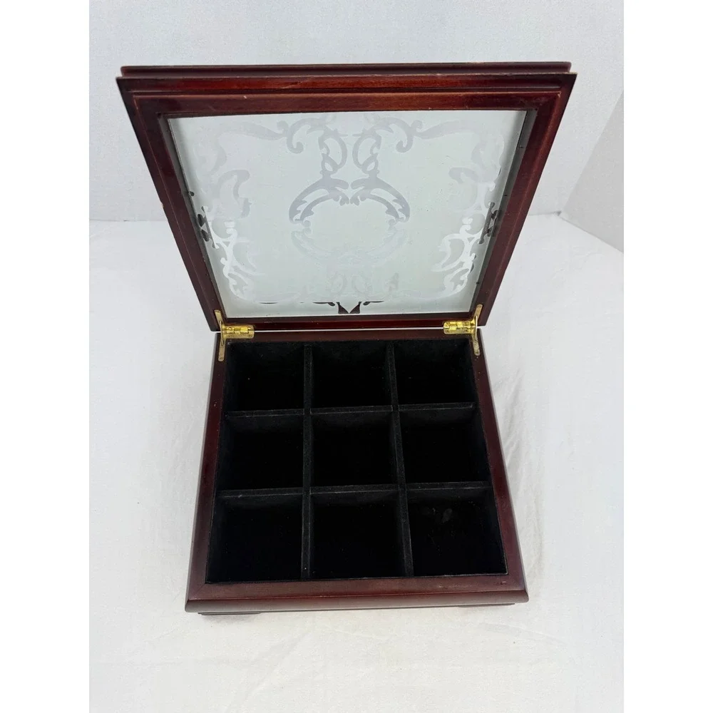 Vintage‎ Wooden Jewelry Box Etched Glass Lid 9 Compartments Cherry Finish